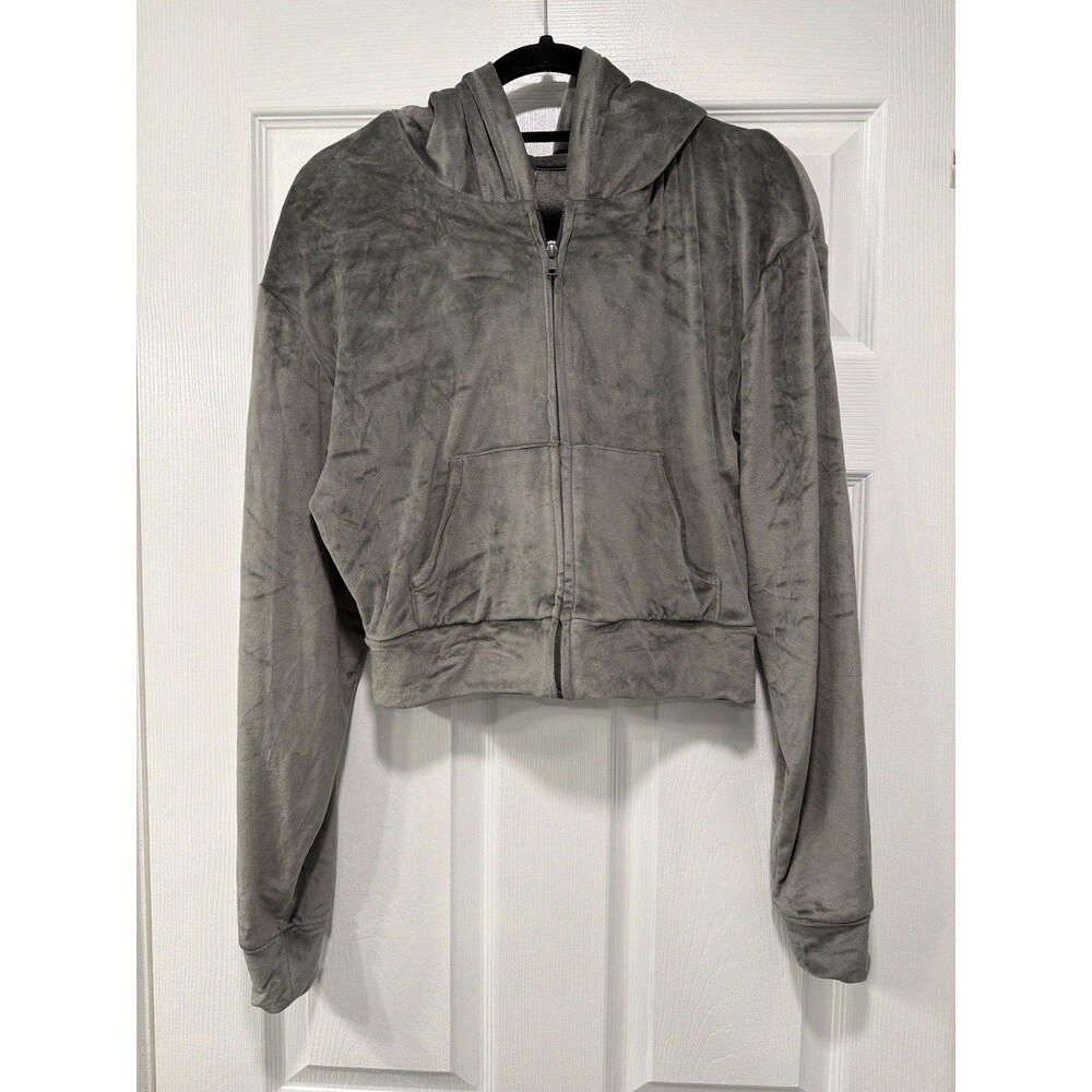 Skims Gray Velour Full Zip Hooded Hoodie Jacket M Polyester/Spandex
